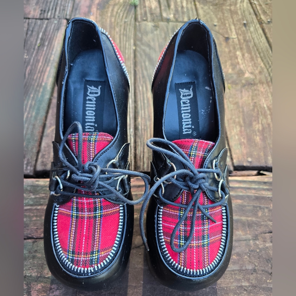 Demonia Womens Charade-12, Platform Pumps, Black, Red Plaid, Goth Emo Punk Sz 8 - Picture 8 of 14